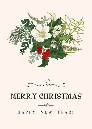 Christmas floral card. Winter bouquet with hellebore flower, conifers, white and red berries. Vector botanical illustration. Vintage background. Colorful.