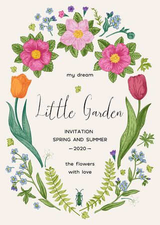 Wreath with rose hips, tulips and forget-me-nots. Little garden. Wedding invitation. Vector illustration in vintage style. Colorful.のイラスト素材