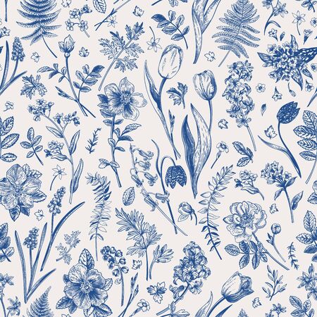 Vector botanical illustration. Seamless pattern with meadow and garden flowers. Blue.のイラスト素材