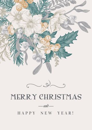 Vintage background with a bouquet of winter plants. Delicate pastel colors.のイラスト素材