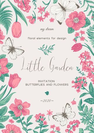 Little Little garden. Floral card with flowers and butterflies. Vector botanical illustration.のイラスト素材