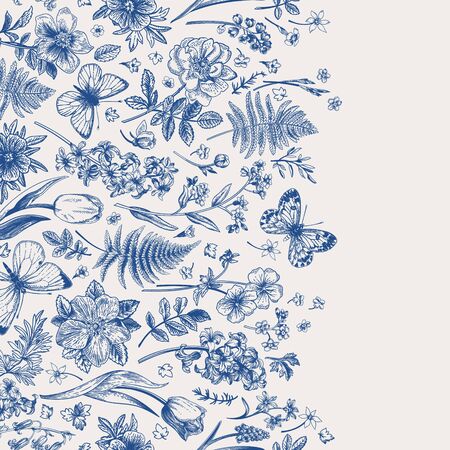 Vintage seamless pattern with spring flowers and butterflies. Border. Classic blue.のイラスト素材