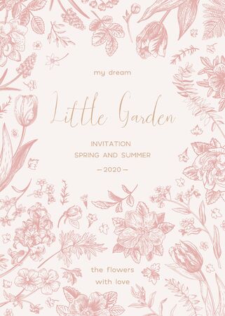 Pink rustic wedding invitation. Little garden. Botanical vector illustration.のイラスト素材
