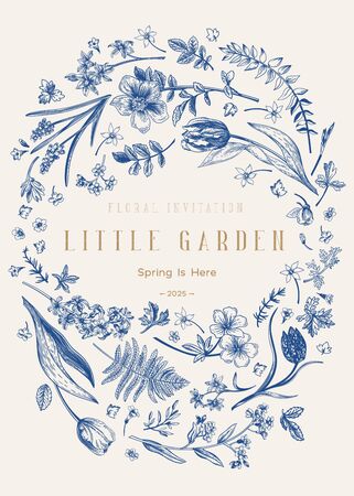 Oval flower frame. Vector botanical illustration.  Little garden. Blue.のイラスト素材