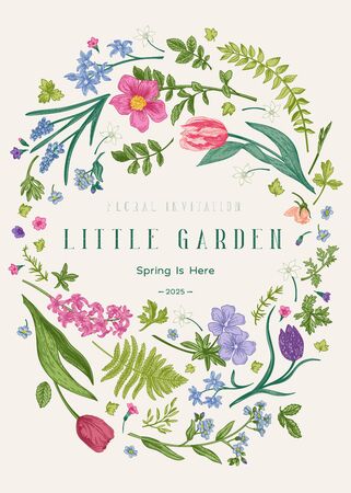 Oval floral frame. Vector botanical illustration.  Little garden. Colorful.のイラスト素材
