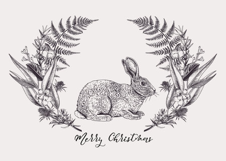 Christmas botanical card with cute rabbit. Vector vintage illustration. Black and white graphics.のイラスト素材