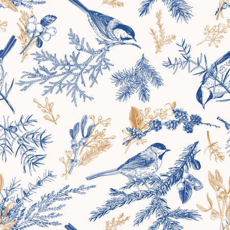 Blue seamless pattern with birds. vintage style. Vector botanical illustration with winter plants: spruce, mistletoe, larch, eucalyptus seeds, snowberry.のイラスト素材