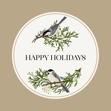Vintage card with two birds on the branches. Vector christmas composition with winter plants and titmouse.のイラスト素材