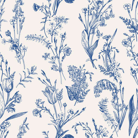 Herbal seamless pattern. floral background. vector botanical illustration. blue.のイラスト素材