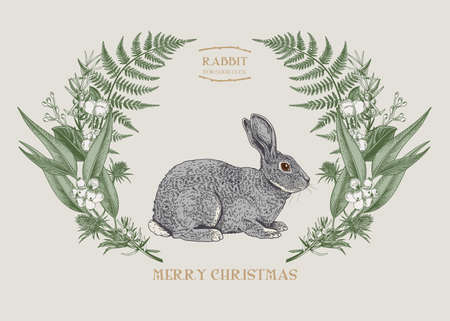 Vintage card with leaves and rabbit. vector illustration. Merry Christmas.のイラスト素材