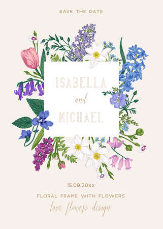 Save the date card. garden flowers. Floral pattern with square frame.のイラスト素材