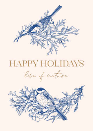 Christmas card with two birds on the branches. vector botanical illustration. romantic winter background. royal blue.のイラスト素材