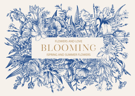 floral frame. Blooming. Iris, poppy, rose, forest anemone, lily of the valley, carnation, tulip, ranunculus. blue.のイラスト素材