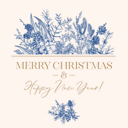 Christmas botanical card. Forest bouquet with winter plants. blue.のイラスト素材