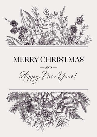 Elegant vintage botanical card with evergreens, cones and berries. Winter bouquet. vector illustration. black and white.のイラスト素材