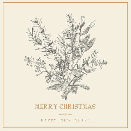Greeting card with winter plants. vintage botanical illustration. Merry Christmas. black and white.のイラスト素材