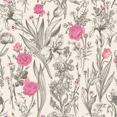 Seamless floral pattern. gray and pink. vector botanical illustration.のイラスト素材
