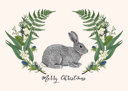 Green floral wreath with gray rabbit. vector botanical illustration. colorful.のイラスト素材