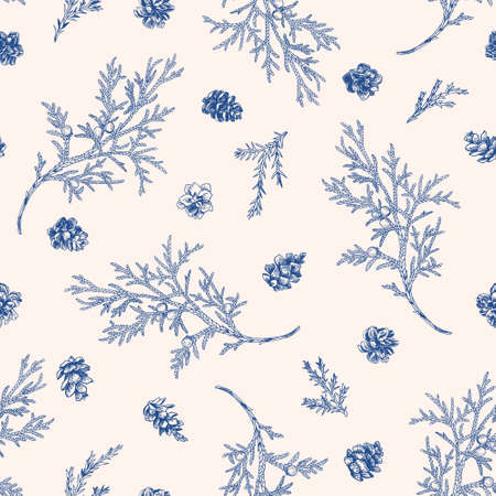 Seamless blue floral winter pattern. Juniper branches and larch cones. vector botanical illustration. blue.のイラスト素材