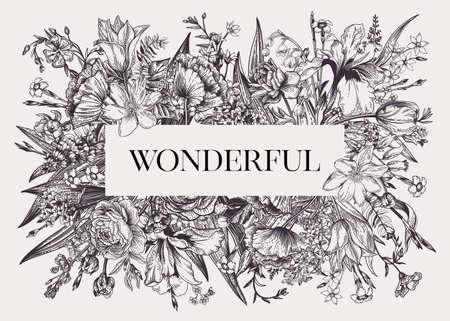 floral label. vector botanical illustration. vintage. black and white.のイラスト素材
