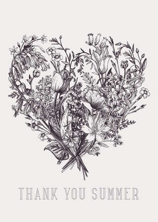 Floral bouquet in the shape of a heart. Summer flowers and herbs. vector botanical illustration. isolated. black and white.のイラスト素材