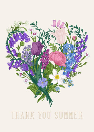 Floral heart with blue and pink garden flowers. vector botanical illustration. colorful. Blooming.のイラスト素材