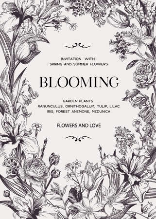 Floral wedding invitation with garden flowers. Blooming. vector botanical illustration. black and white.のイラスト素材