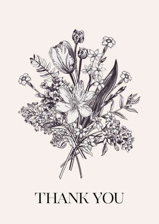 thank you card. flower bouquet. Garden and meadow flowers. Botanical vector illustration. black and white.のイラスト素材