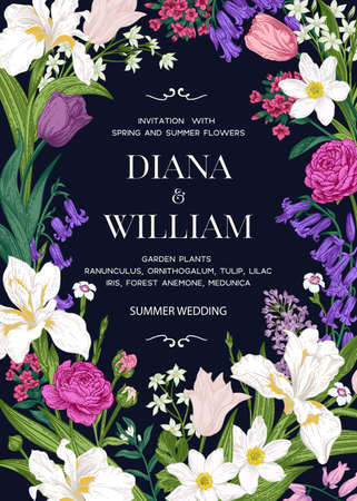 Wedding invitation with garden flowers. Forest anemone, bluebell, lilac, rose, ranunculus, iris, tulip.のイラスト素材