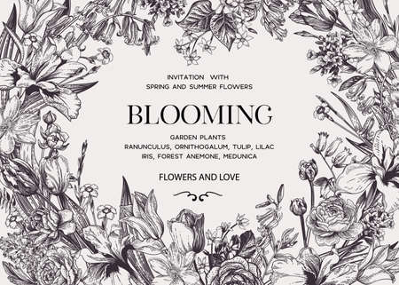 Horizontal floral frame with garden flowers. Blooming. Vector botanical illustration. Iris, tulip, lilac, forest anemone, rose, ranunculus, bell, carnation. black and white.のイラスト素材