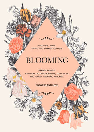 Vertical frame with flowers and rhombus. vector botanical illustration. orange and black.のイラスト素材