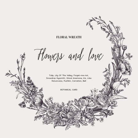 Asymmetrical vector wreath with garden flowers. black and white.のイラスト素材