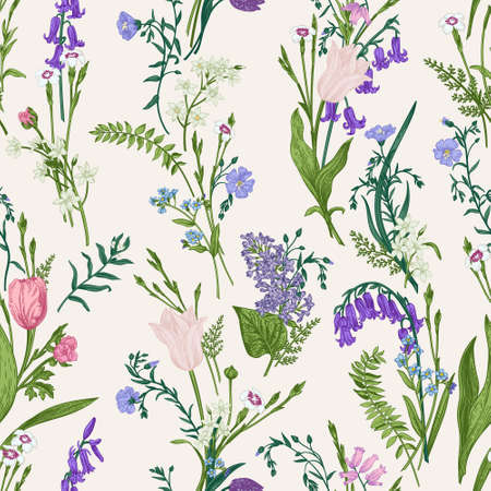 Seamless botanical pattern with garden and wild flowers. vector illustration. floral background.のイラスト素材