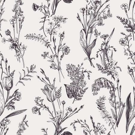 Seamless botanical pattern with garden and wild flowers. vector illustration. floral background. black and white.のイラスト素材