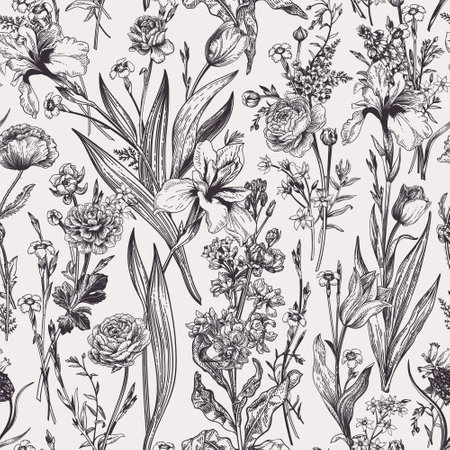Seamless floral pattern with garden and meadow flowers. black and white.のイラスト素材