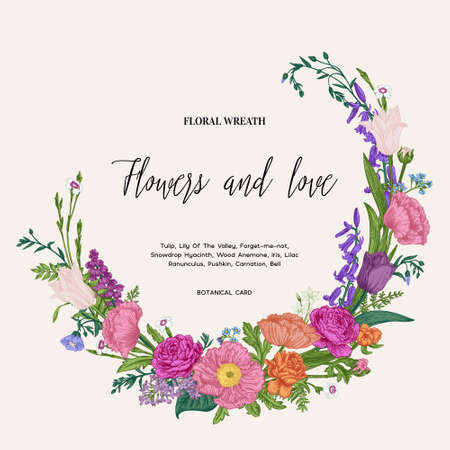 Invitation wreath with flowers and herbs. Vector botanical illustration. spring and summer plants. colorful. Blooming.のイラスト素材