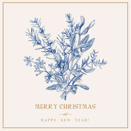 Christmas greeting card with a bouquet of winter plants. engraving style. vintage botanical illustration. royal blue.のイラスト素材