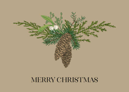 Composition with two spruce cones. Christmas vintage card. craft.のイラスト素材