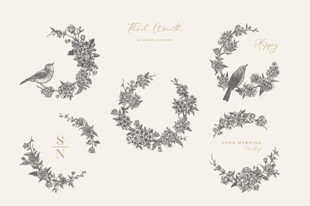 Seamless pattern with blooming hawthorn. Hawthorn flower twigs. Vintage vector illustration. colorful.のイラスト素材