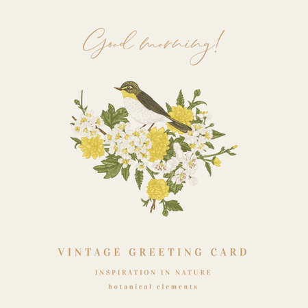 Seamless pattern with blooming hawthorn. Hawthorn flower twigs. Vintage vector illustration. colorful.のイラスト素材