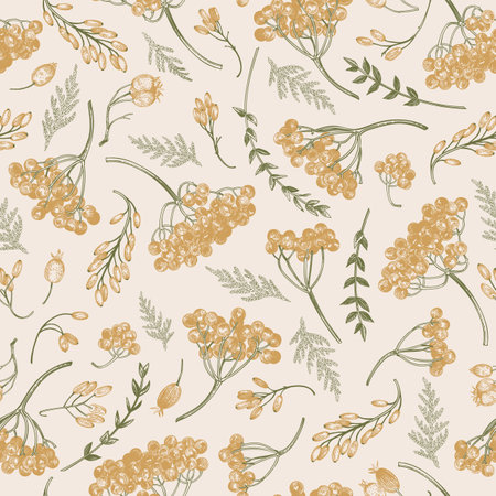 Seamless pattern with golden autumn berries and green twigs. Vintage vector illustration.のイラスト素材