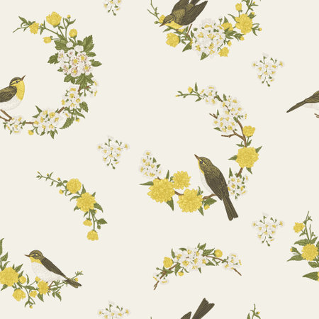 good morning. Seamless vintage print with floral wreaths and birds. Delicate spring and summer background. Botanical vector illustration.のイラスト素材