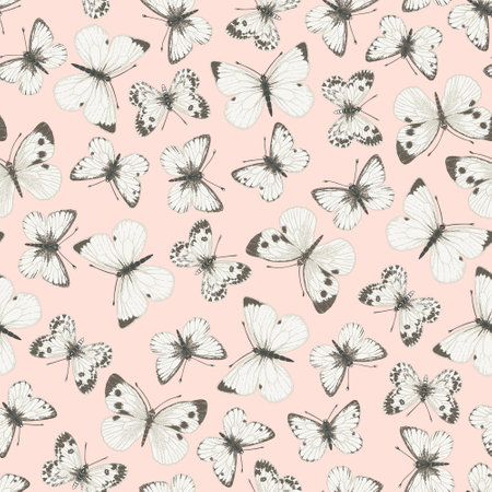 Seamless pattern with white butterflies on a pink background. vector illustration.のイラスト素材