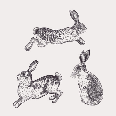 Set with three rabbits. Isolated animals on a white background. black and white.のイラスト素材