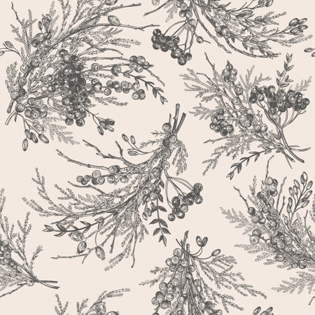 Seamless pattern with winter berry bouquets. Juniper, boxwood, viburnum, holly, holi, barberry. botanical illustration. Vector. black and white.のイラスト素材