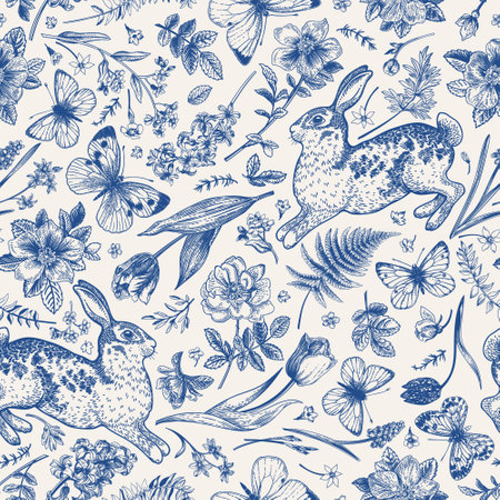 Cute spring seamless pattern with bunnies, butterflies and flowers. Vector illustration with plant elements. blue. little garden.のイラスト素材
