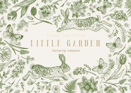 Frame with plants, rabbits and butterflies. Spring or summer background with garden and forest flowers. green.のイラスト素材