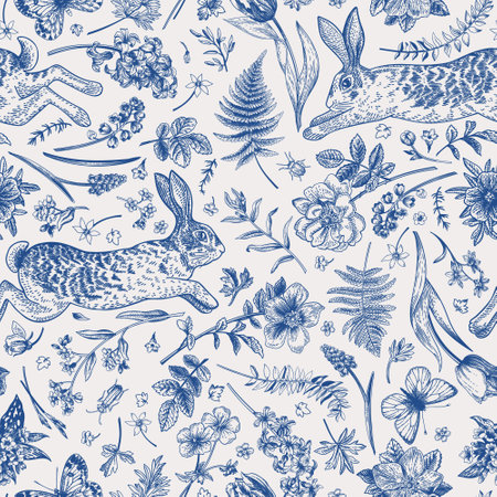 Seamless pattern with rabbits and plants. floral print. Gravure style. Vector. blue.のイラスト素材