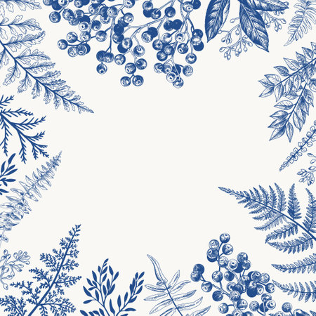 Blue square frame with plants. vector botanical illustration. Ferns, foliage, eucalyptus seeds, elderberry.のイラスト素材