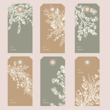 Collection of tags with branches of conifers and berries. white outline. vintage colors. vector drawing. Festive Christmas card.のイラスト素材